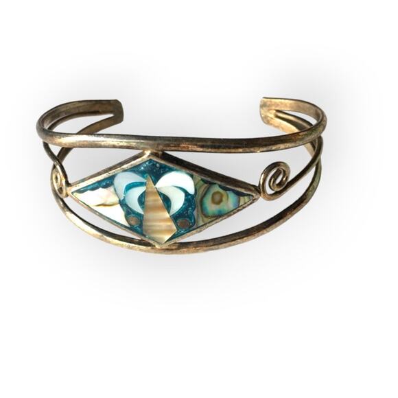 Alpaca Silver shell inlay palm tree cuff bracelet - Picture 1 of 11